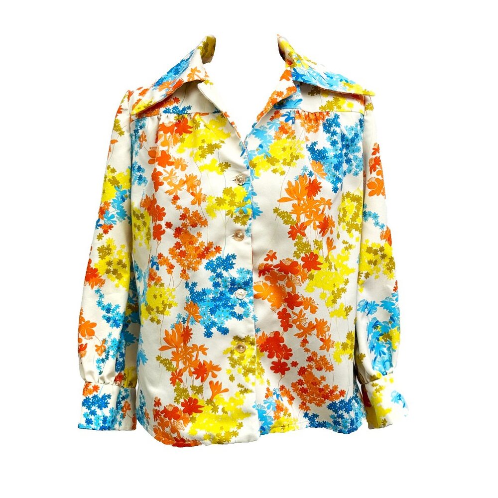 Groovy 60s Flower Power Blouse – Bold Floral & Mod Collar